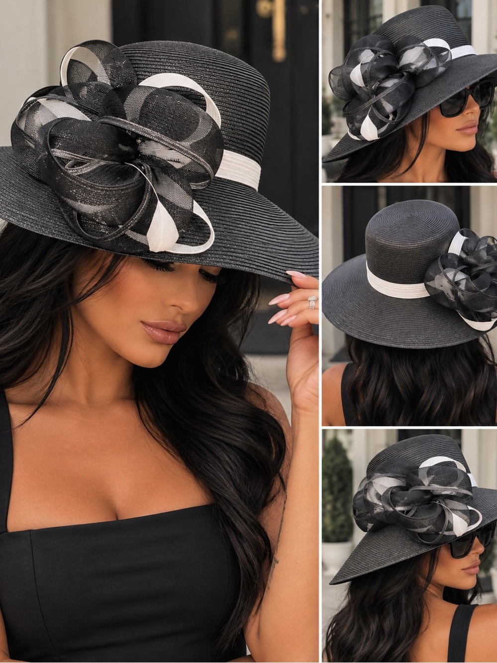 Chic Black Wide-Brim Hat with White Band and Floral Bow